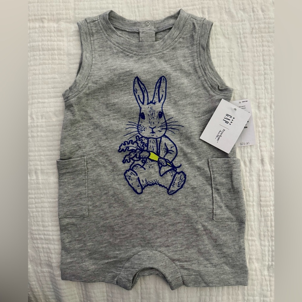 GAP Baby Gray Romper with Blue Text